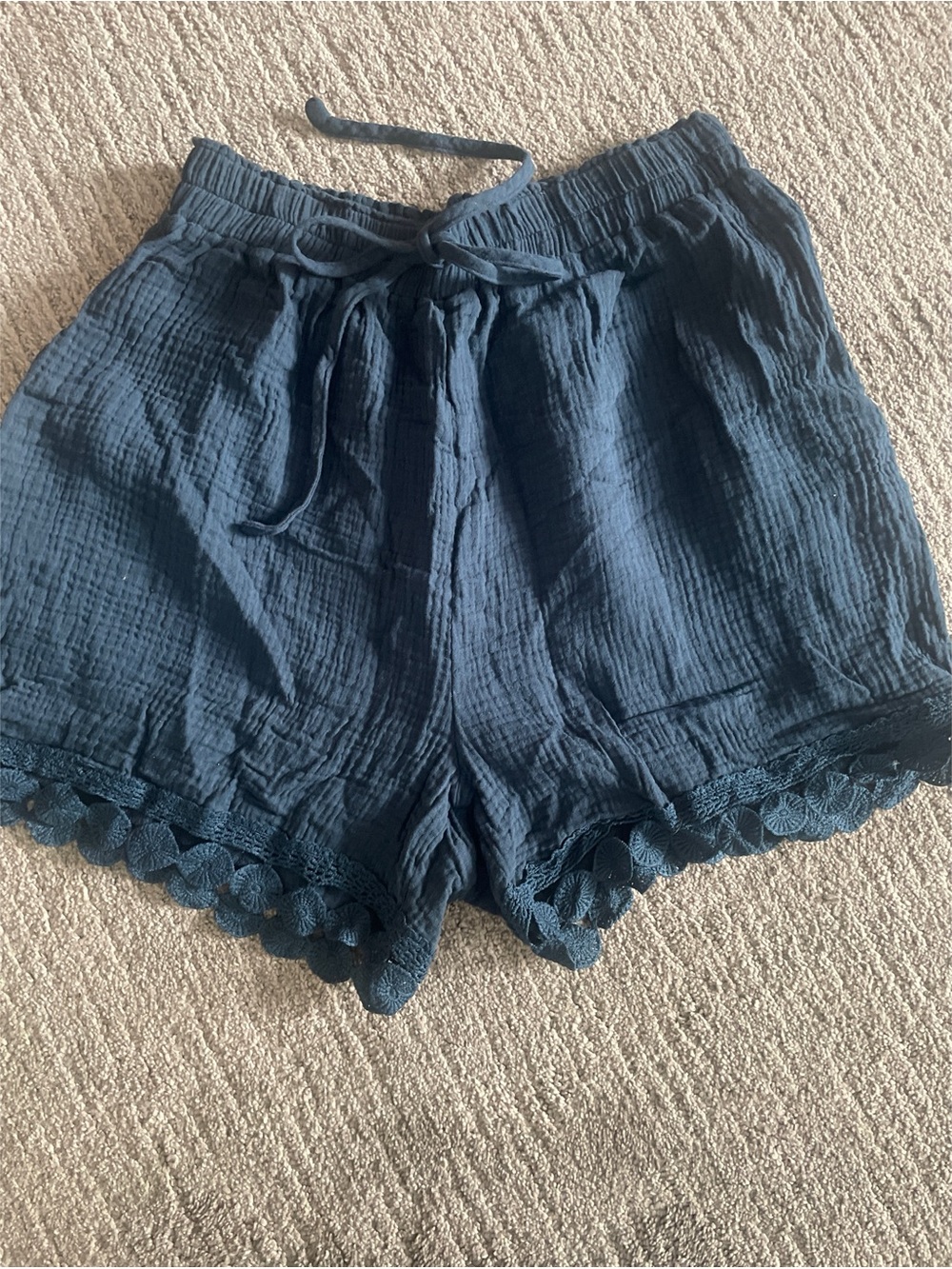 Cupshe Navy Blue High-Waist Drawstring Lace-Trim Shorts
